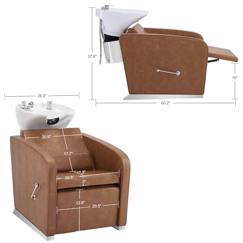 BarberPub Backwash Shampoo Station Chair, Adjustable Porcelain Ceramic Hair Wash Bowl Sink Unit Station, Reclining Shampoo Station Chair for Spa Beauty Salon Hair Salon Equipment 9303 (Beige)