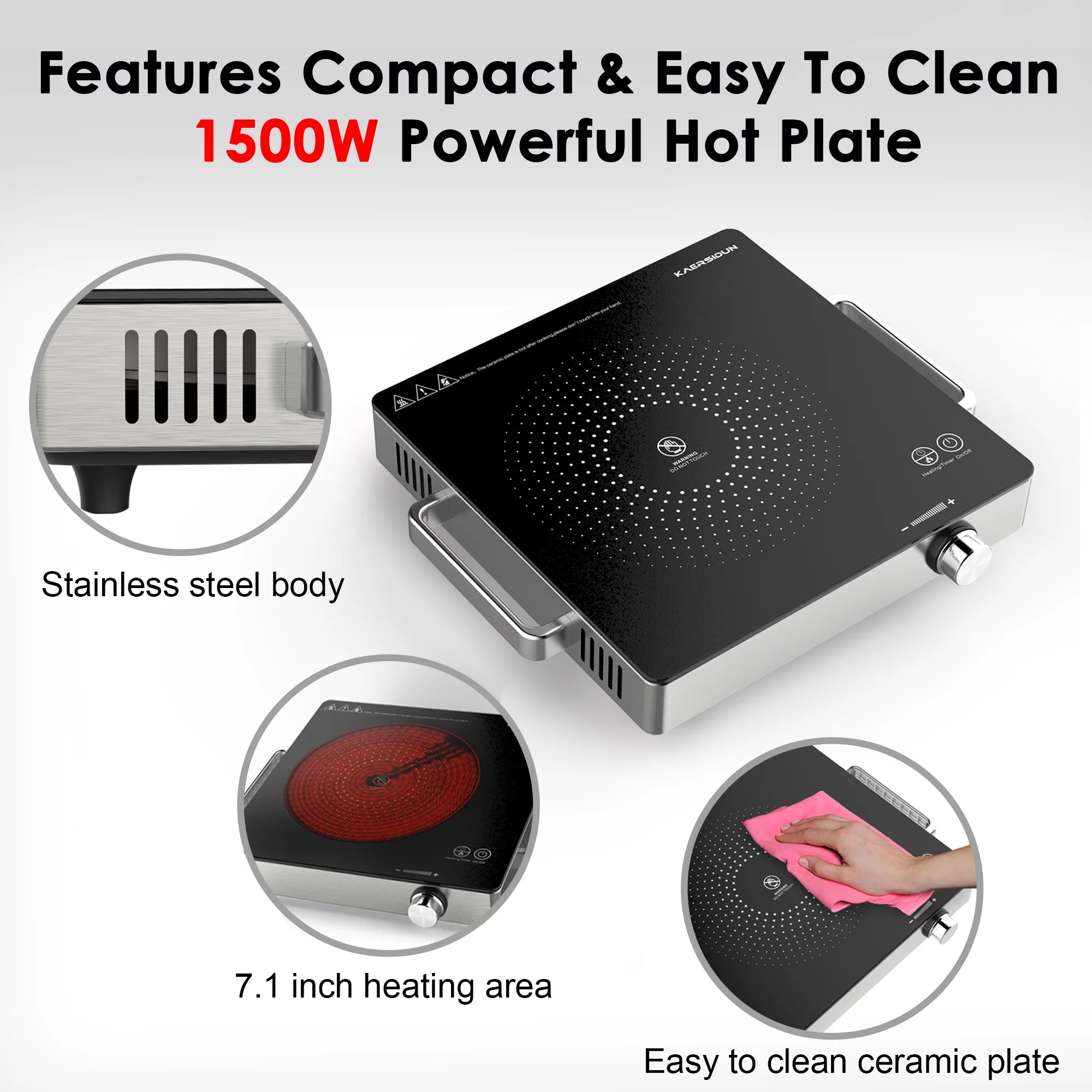 Hot Plate Electric Single Burner 1500W Portable Burner for Cooking with Adjustable Temperature & Stay Cool Handles, Non-Slip Rubber Feet, Stainless Steel Easy to Clean, Compatible for All Cookwares