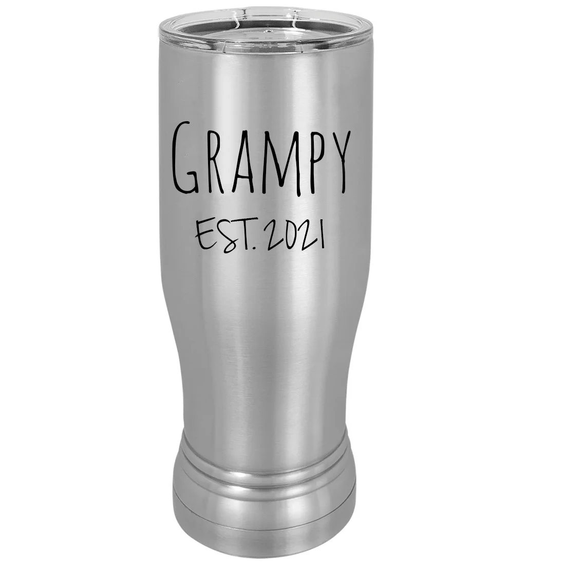 Grampy Est. 2021 Established 20 oz Silver Stainless Steel Double-Walled Insulated Pilsner Beer Coffee Mug with Clear Lid