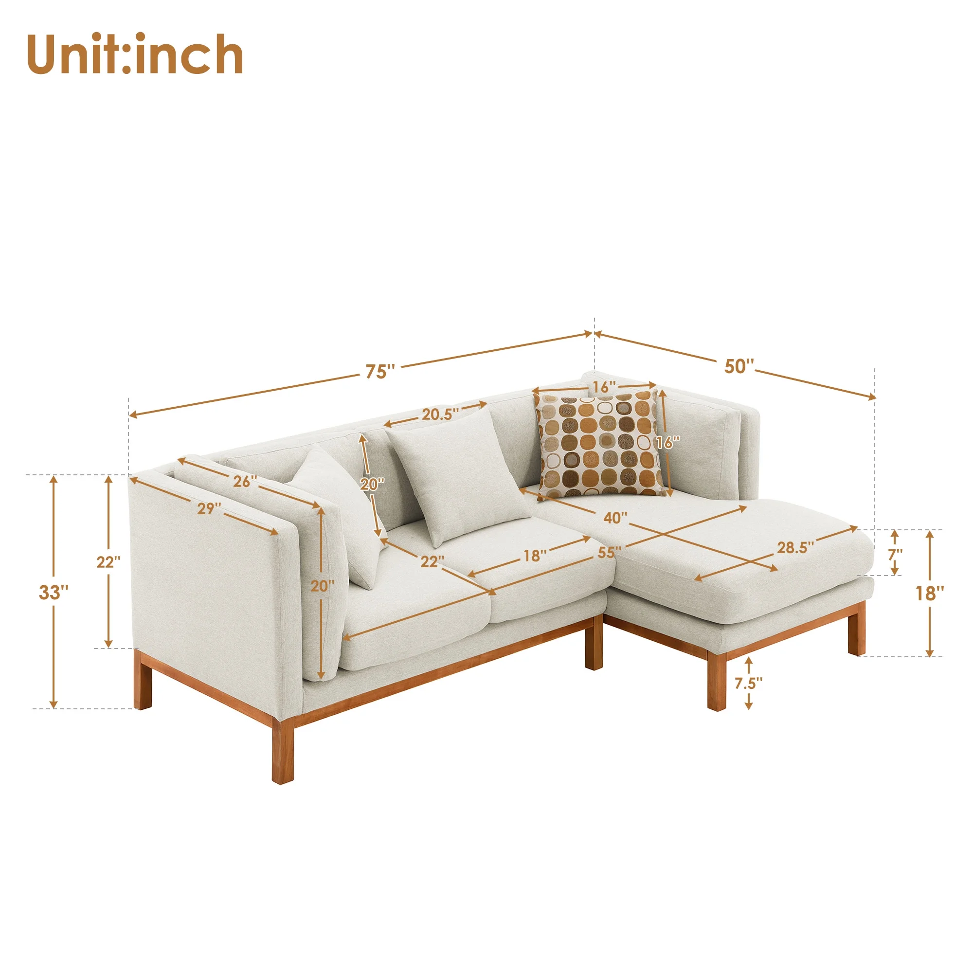 Churanty Modern Sectional Sofa with Chaise Lounge, Linen L shaped Couch Set 3 Seat Sofa with Wood legs for Small Space Living Room Apartment,Cream