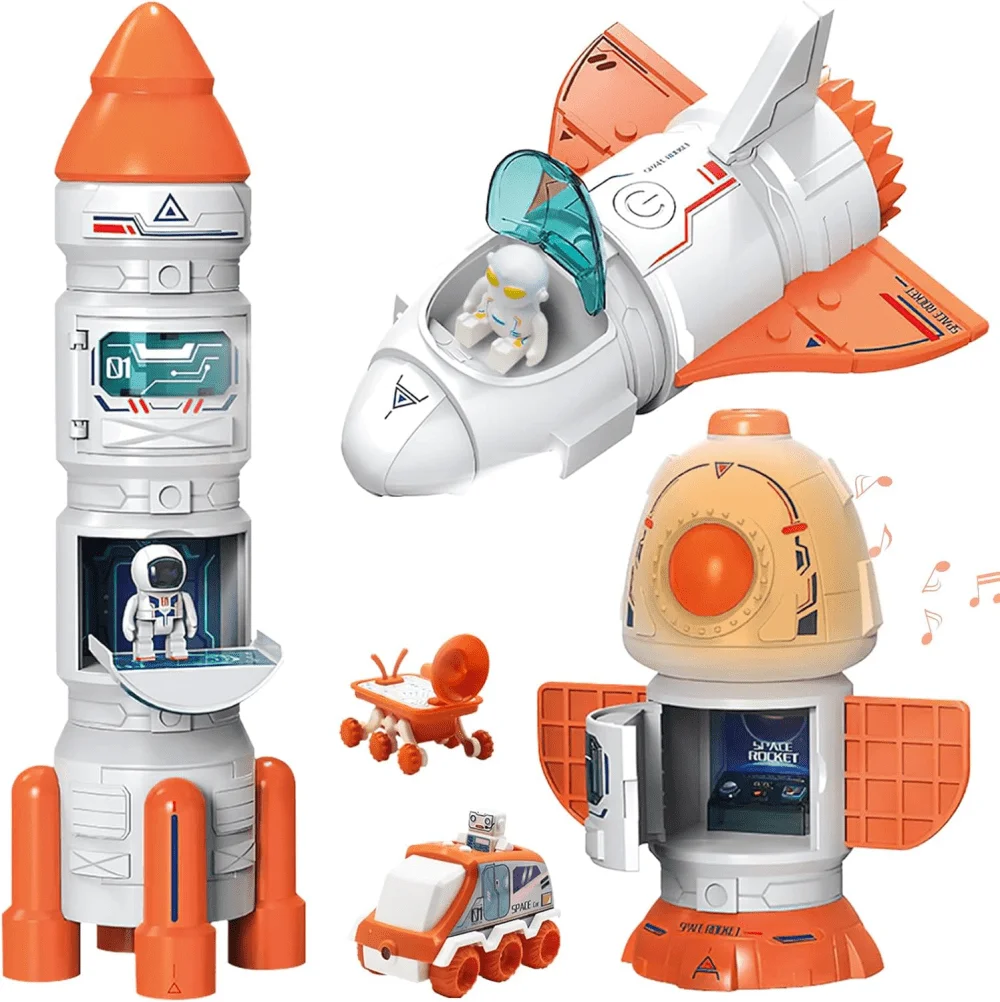 5 in 1 Spaceship Toy for Boys 3-8, Aerospace Model Space Figure Toys with Sound & Lights, Mostop Space Toy for Kids Rocket Ship Toys with Space Shuttle, Space Rover, Spaces Station,