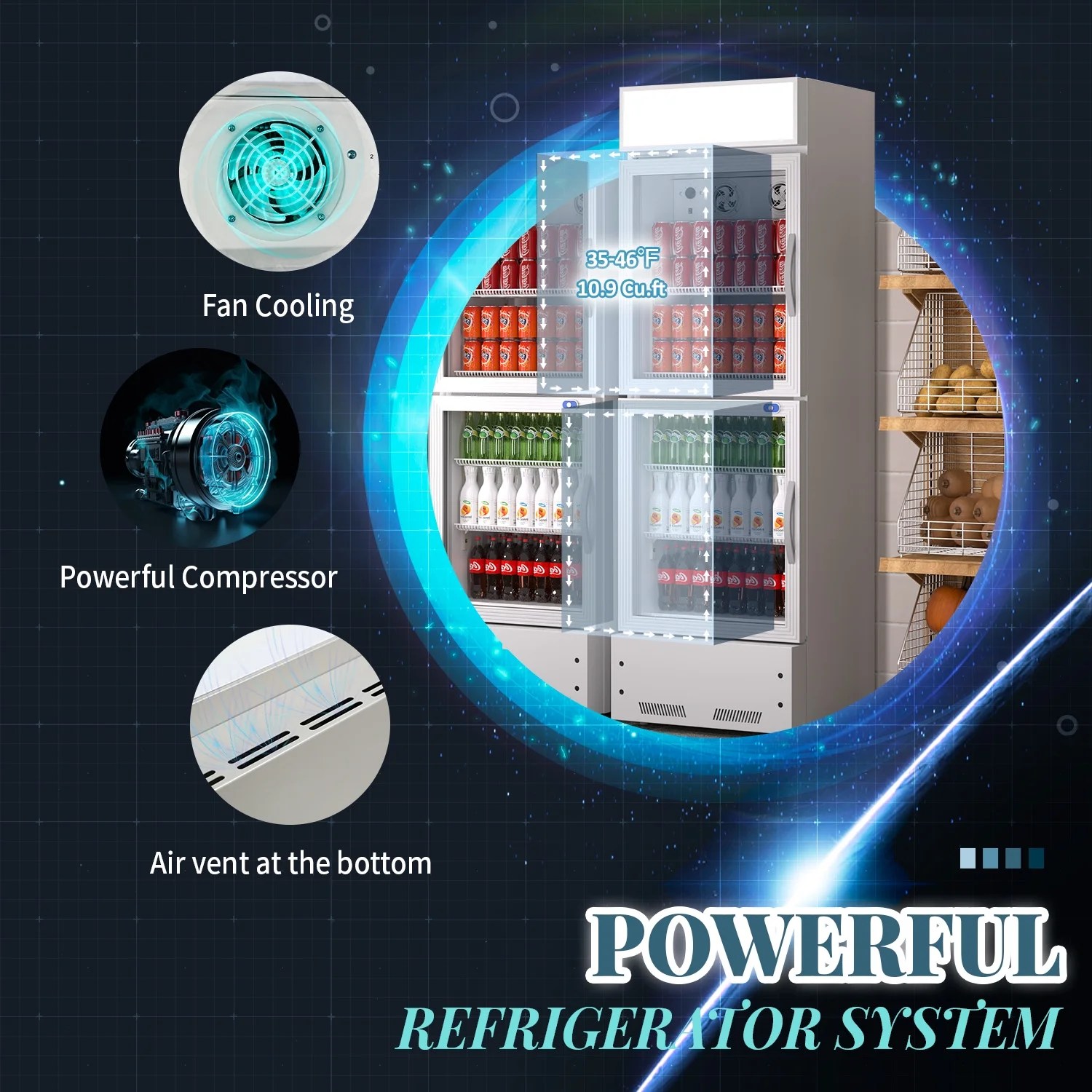 Chingoo 11 Cu.ft Merchandiser Refrigerator with Double Glass Doors, 24'' Commercial Display Fridge w/ Adjustable Shelves-Black