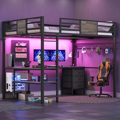 Twin Loft Bed with L-Shaped Desk, Metal Twin Size Bed Frame with LED Lights & Charging Sation, 3 Fabric Drawers, 2-Tier Storage Shelves, Safety Guard & Ladder, No Box Spring Needed