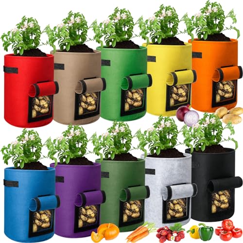 Hushee 10 Pcs Potato Grow Bags Garden Planting Bag Vegetable Grow Bags with Flap and Handle Thickened Nonwoven Fabric Pots Thick Fabric Garden Containers for Potato Tomato Vegetables (7 Gallon)