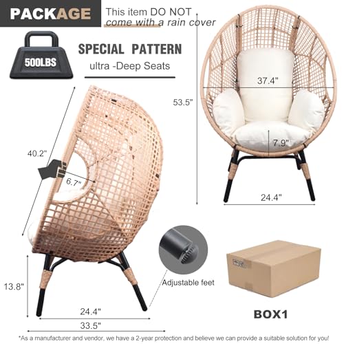 Outdoor Egg Chair Wicker Oversized Egg Basket Chair with Stand Lounger Chairs with Cushion 500lbs Capacity for Patio Garden Backyard Balcony (Ivory - Nest, NO Table)