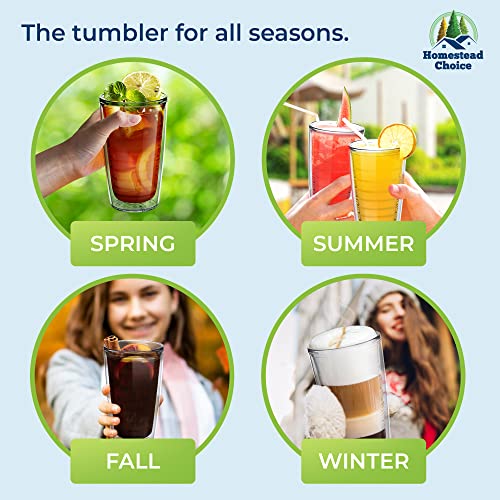 Homestead Choice 16oz Insulated Tumblers Plastic Keeps Drinks Cold & Hot, 4pack Double Walled Clear Insulated Drinking Glasses Cup, BPA-Free, Dishwasher Safe Reusable, Camping,Travel, Kitchen, Party