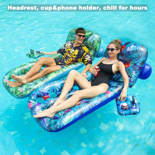 FindUWill Pool Floats Chairs Adult - 2 Pack 65'' x 42'' Large Pool Float Chairs, Inflatable Pool Lounger with Cup Phone Holder, Backrest, Footrest, Tanning Pool Lounge