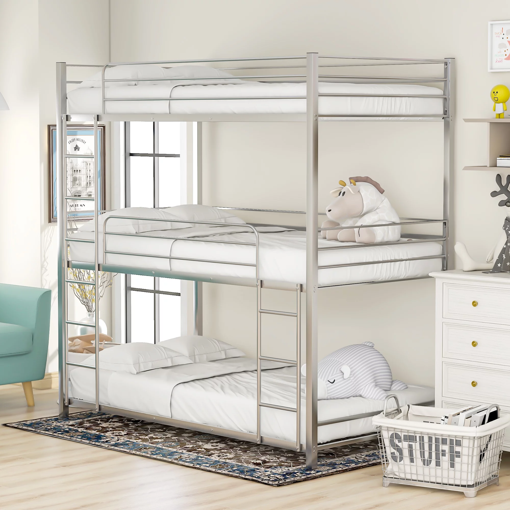 Euroco Metal Bunk Bed, Twin-over-Twin-over-Twin for Bedroom, Silver