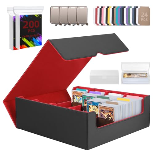 4 Rows Trading Card Storage Box 3200+ Card Organizer Deck Case with 200 Sleeves & 24 Dividers Fits for MTG TCG Magic Baseball Football Basketball Sports Cards (Black & Blue)