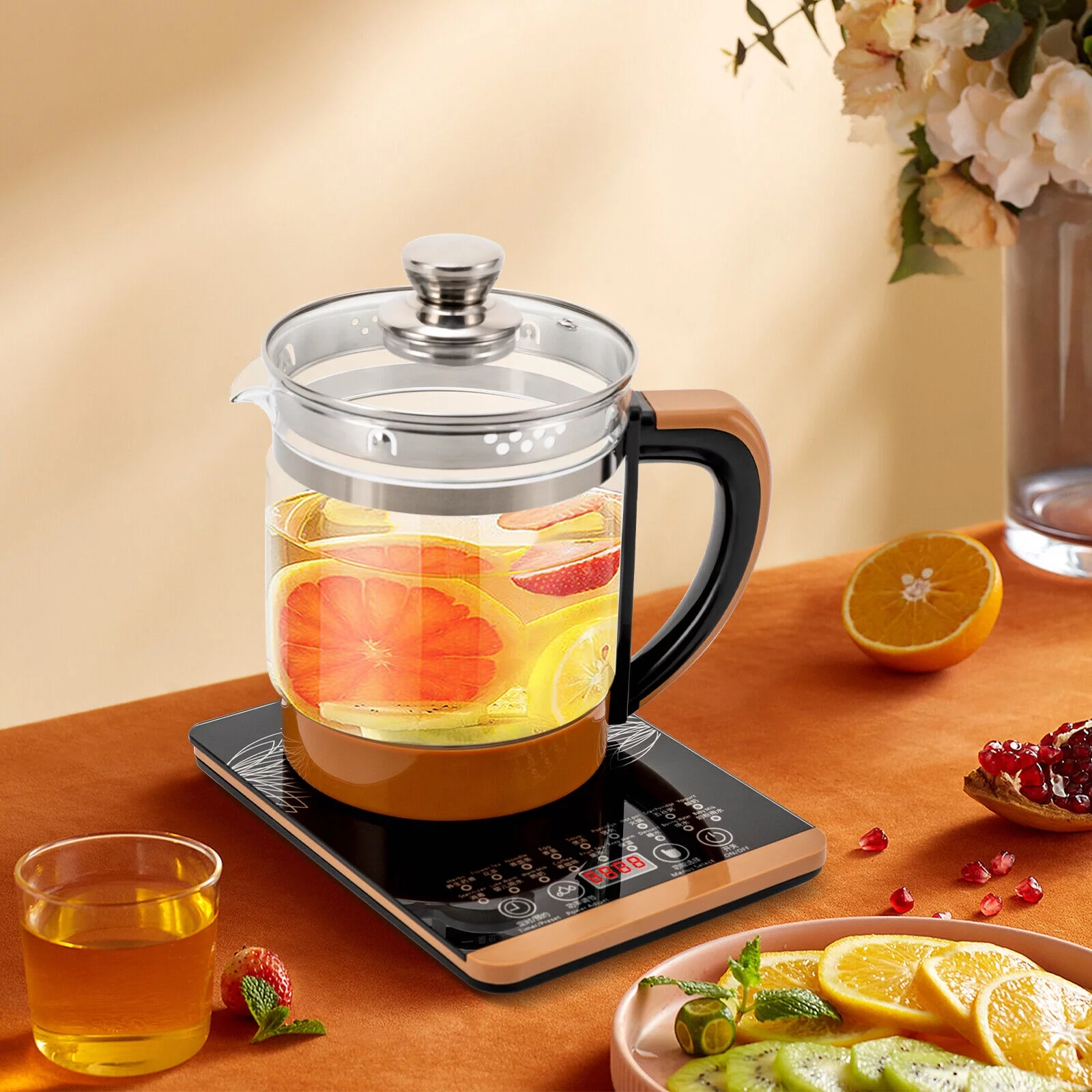 Electric Kettle 1.8L Electric Health Pot Automatic Kettle Health Pot,Tea Maker, Black Flower Tea, Kitchen Kettle Tea Pot 110V 800W Multifunction Food-Grade Stainless Steel (Brown)