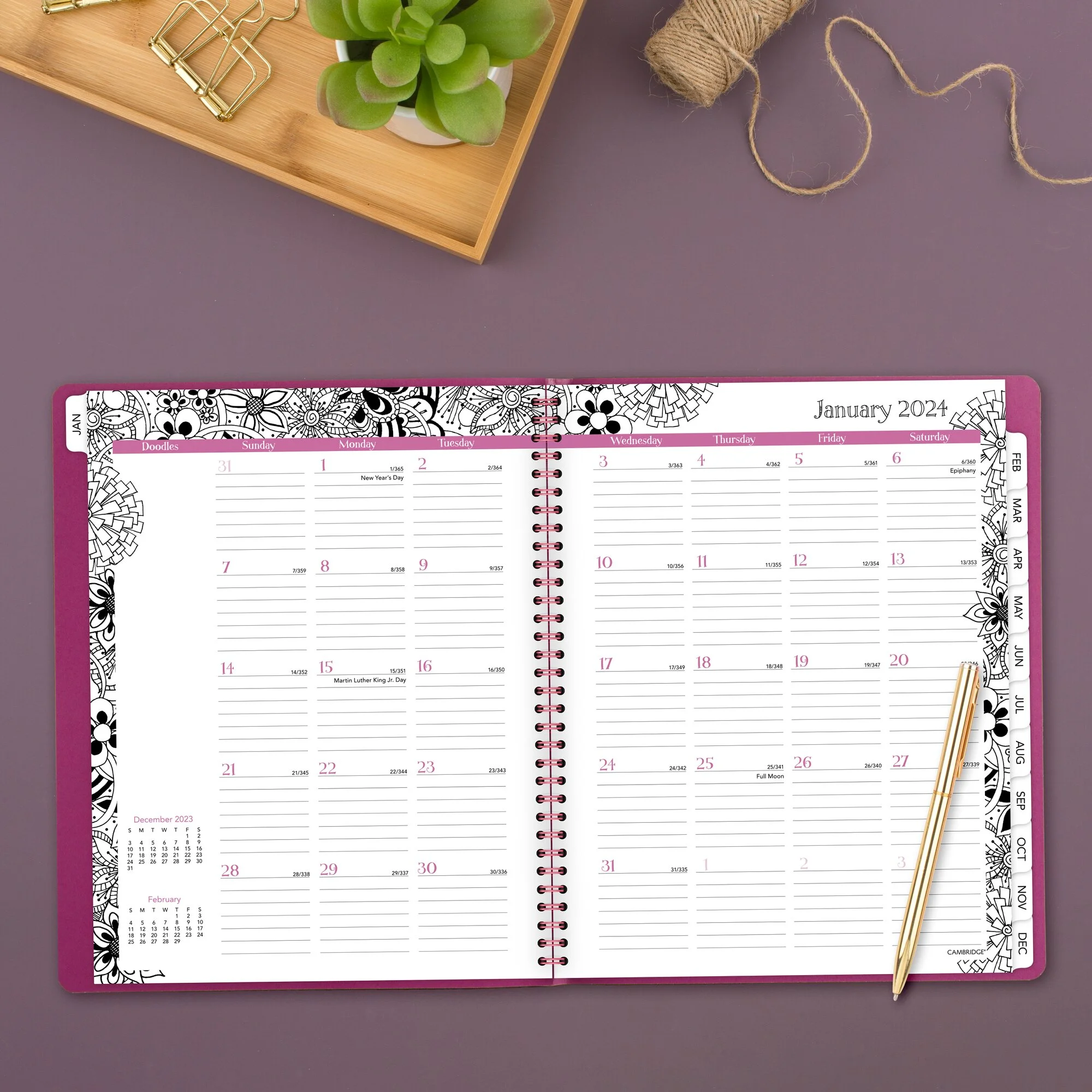 2024-2024 Cambridge 11 x 8.5 Floradoodle Weekly/Monthly Pro Planner Adult Coloring Artwork