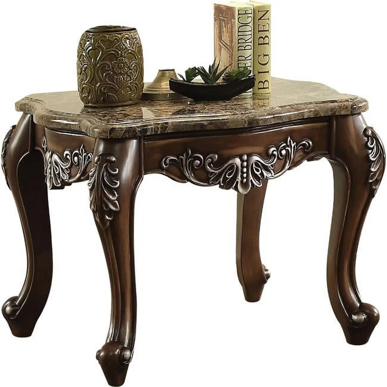 Benzara BM177648 Wooden End Table with Marble Top, Antique Oak Brown - 23.62 x 29.53 x 29.53 in.