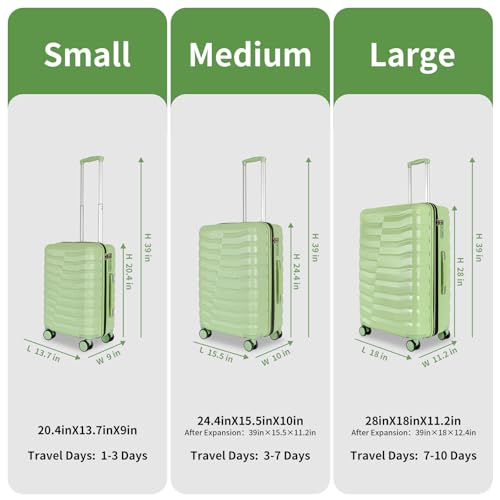 Lightweight Luggage with Spinner Wheels & YKK Zipper, 3-Piece Travel Suitcase ABS+PC Hardshell Luggage Set with TSA Lock, Light Avocado Green (20+24+28 inch)