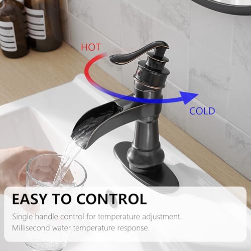 Vessel Sink Faucet, Oil Rubbed Bronze Black Bathroom Faucet, Farmhouse Waterfall Sink Faucet Single Hole with Pop Up Drain Assembly Without Overflow One Hole Mixer Tap Deck Mount