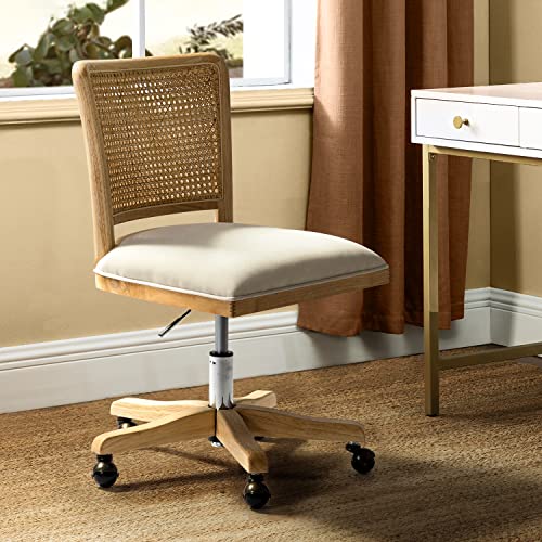 Modern Home Office Chair Comfortable Upholstered Armless Desk Chair, Adjustable Swivel Rolling Computer Chair with Rattan Mid-Back Support, Linen