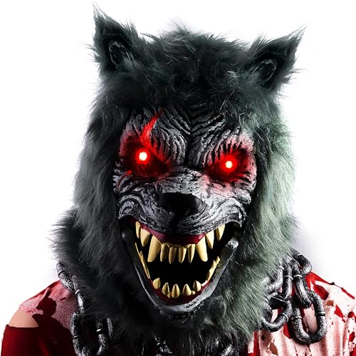 Spooktacular Creations LED Halloween Wolf Werewolf Mask with Movable Jaw, Light Up Halloween Scary Mask for Adult Holiday Horror Cosplay, Glow in the Dark Costume Accessories, Party Dress Up Prop