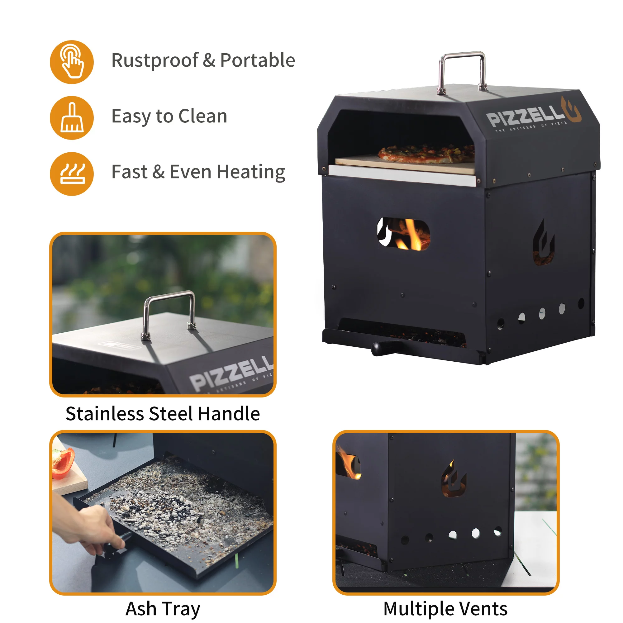 4 in 1 Outdoor Pizza Oven Wood Fired 12 inch Bbq Pizza Maker 2-Layer Detachable, Black