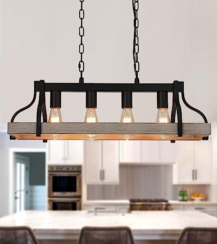 Rustic Kitchen Island Dining Room Light Fixture Farmhouse Linear Chandelier Black and Retro Wood Finish 4-Light Industrial Metal Hanging Pendant Light UL Listed L28.3 W10.6