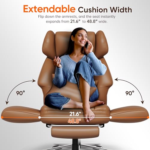GABRYLLY Ergonomic Chair with Footrest – Wide Cross Legged Chair with Reversible Armrests, 120°Tilt, Heavy-Duty Base, Big and Tall Executive Chair Plus, Brown, GY82766