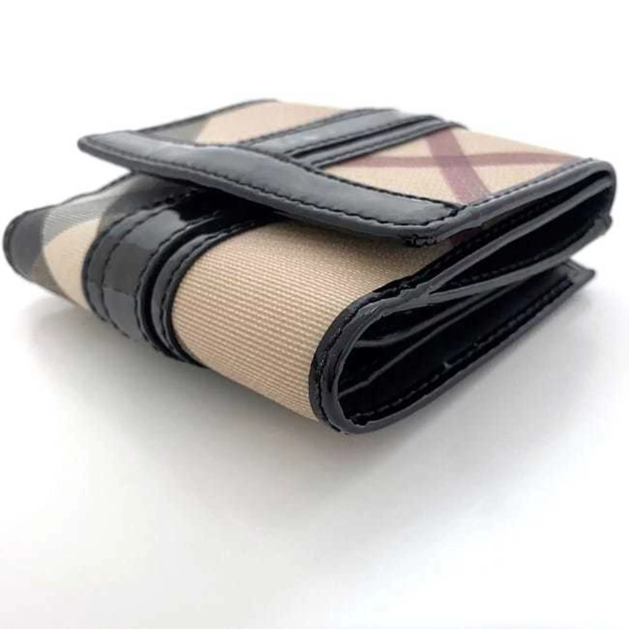 Pre-Owned Burberry W wallet beige black check double PVC patent leather BURBERRY folio flap ladies' (Good)