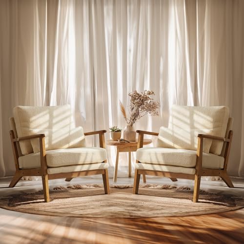VINGLI Solid Wood Wide Armrests Accent Chair,Upholstered Mid Century Modern Chair with Pillow,Comfy Reading Chair Farmhouse Arm Chair,Chairs Living Room,Bedroom,Guest Room,Linen Fabric,Beige