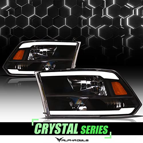 Alpha Owls 8710401 Crystal Headlights With Switchback Sequential LED Light Bar & Startup Light - Black Amber Fits 2009-2018 Dodge Ram 1500 2500 3500/2019-2023 Classic Halogen Models