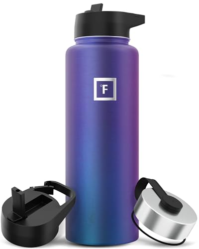 IRON °FLASK Camping & Hiking Hydration Flask with 3 Lids - Stainless Steel, Double Walled & Vacuum Insulated Water Bottle - Leak Proof & BPA Free (Midnight Black, Straw - 40 oz)