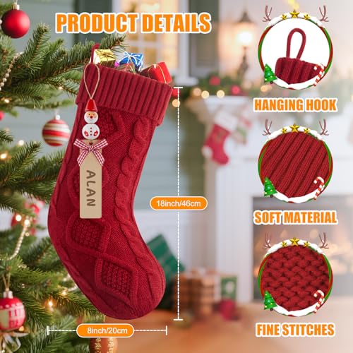 Personalized Christmas Stockings - 18” Large Knitted Xmas Stocking with DIY Snowman Wooden Name Tag, 6 Pack Hanging Family Stockings for Kids Mantels Christmas Holiday Decor, Red Green White