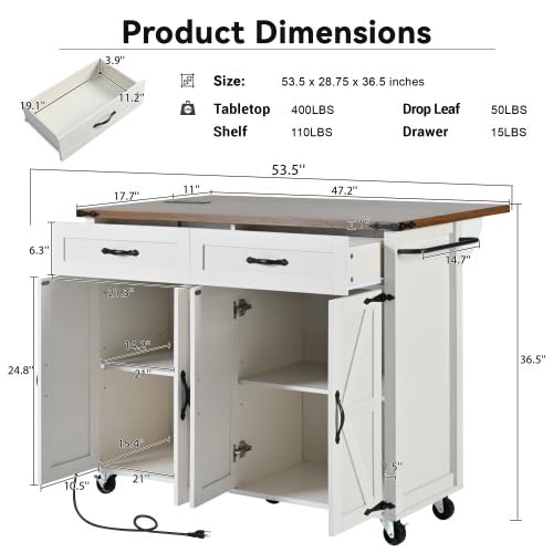 Bellemave Kitchen Island with Storage Cabinet on Wheels, 53.5'' Mobile Kitchen Cart with Power Outlet, Drop Leaf, Spice/Towel Rack and Drawer, Rolling Kitchen Island Table (Black)