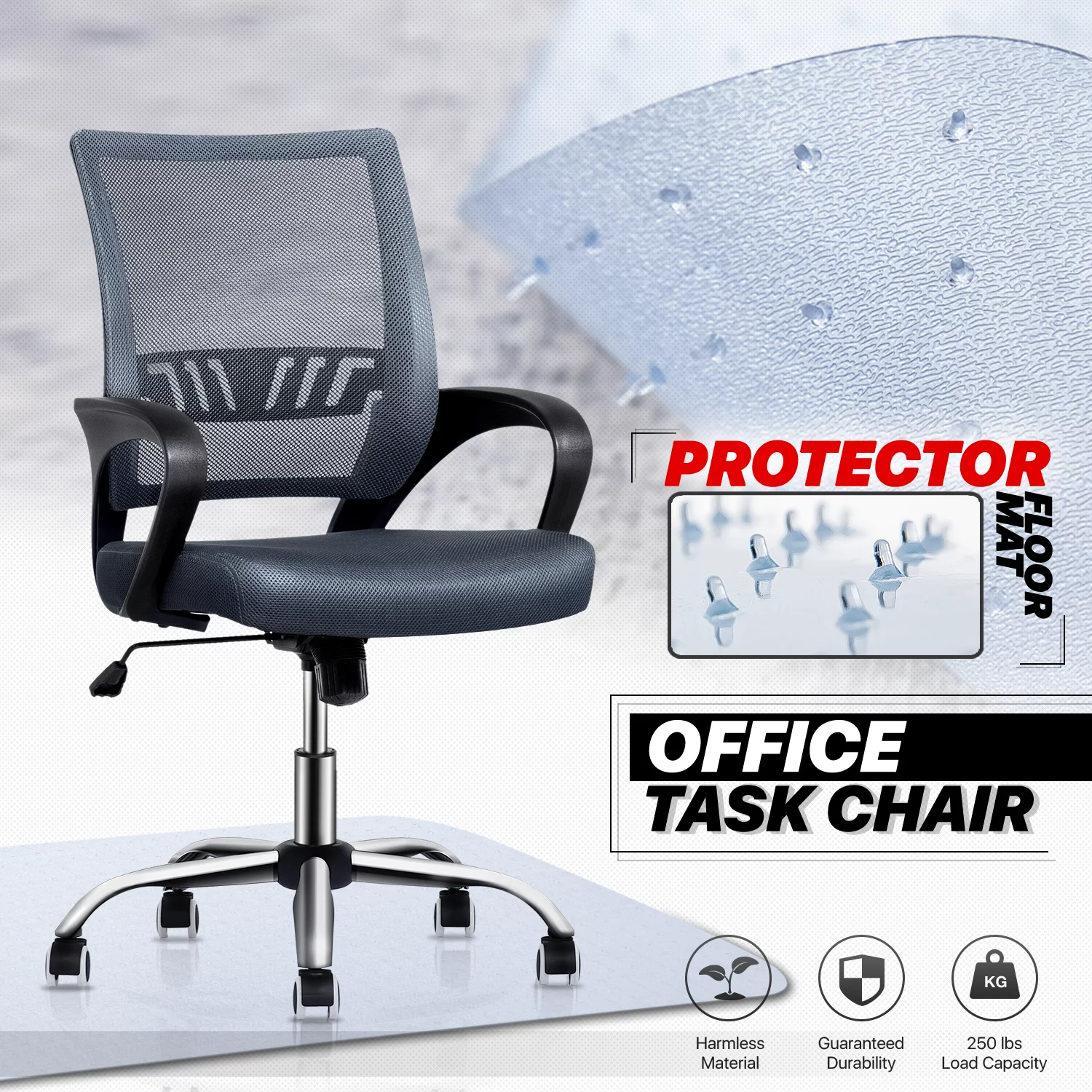 MoNiBloom Mesh Office Chair + Protective Carpet Mat, Mid Back Ergonomic Swivel Seat with Lumbar Support, Grey