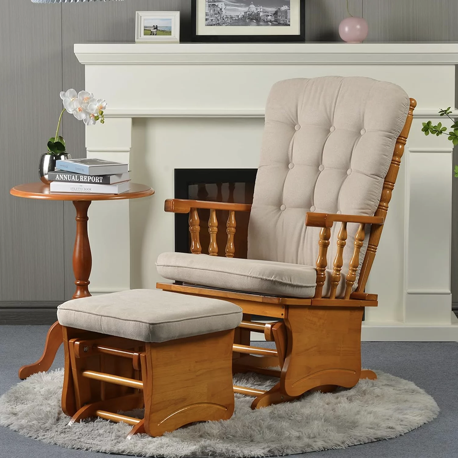 Rustic Glider Chair for Nursery with Ottoman, Resistant Rubber Wood Nursery Glider and Ottoman Sets for Relaxing, Rocking Chair for Living Room Bedroom, Rustic Brown