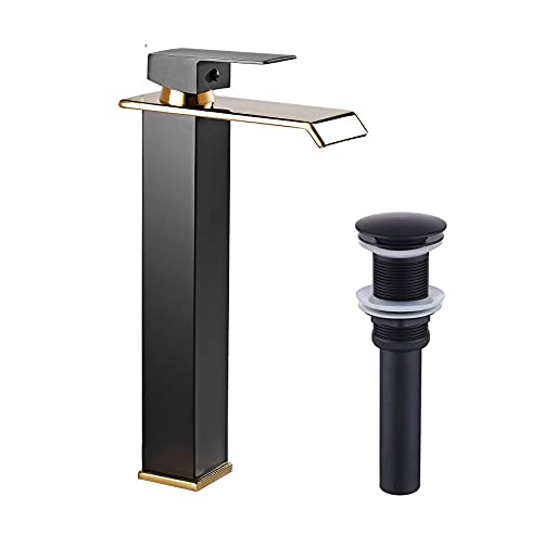 White Gold Faucet Bathroom Vessel Sink Golden Waterfall Spout Faucet Single Handle Bowl Sink Faucet Modern Single Hole Basin Vanity Tall Bathroom Sink Faucet with Pop Up Drain Stopper Supply Hose