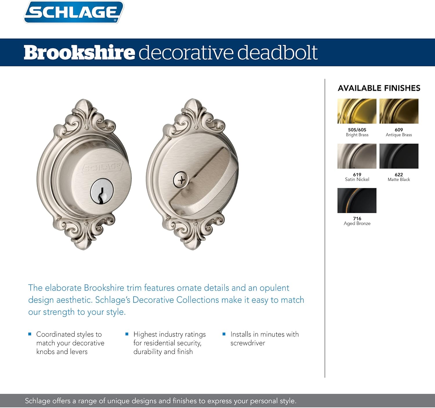 Schlage B60 N BRK 716 Deadbolt with Brookshire Trim, Keyed 1 Side, Highest Residential Security, Aged Bronze