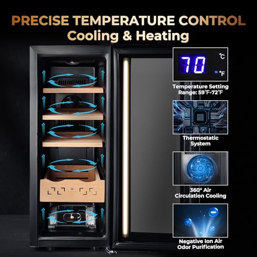 35L Electric Cigar Humidor Cabinet, Humidity & Temperature Control, Cooling & Heating, with Spanish Cedar Wood Shelves & Drawer, 250 Counts Capacity, Gift for Cigar Lovers