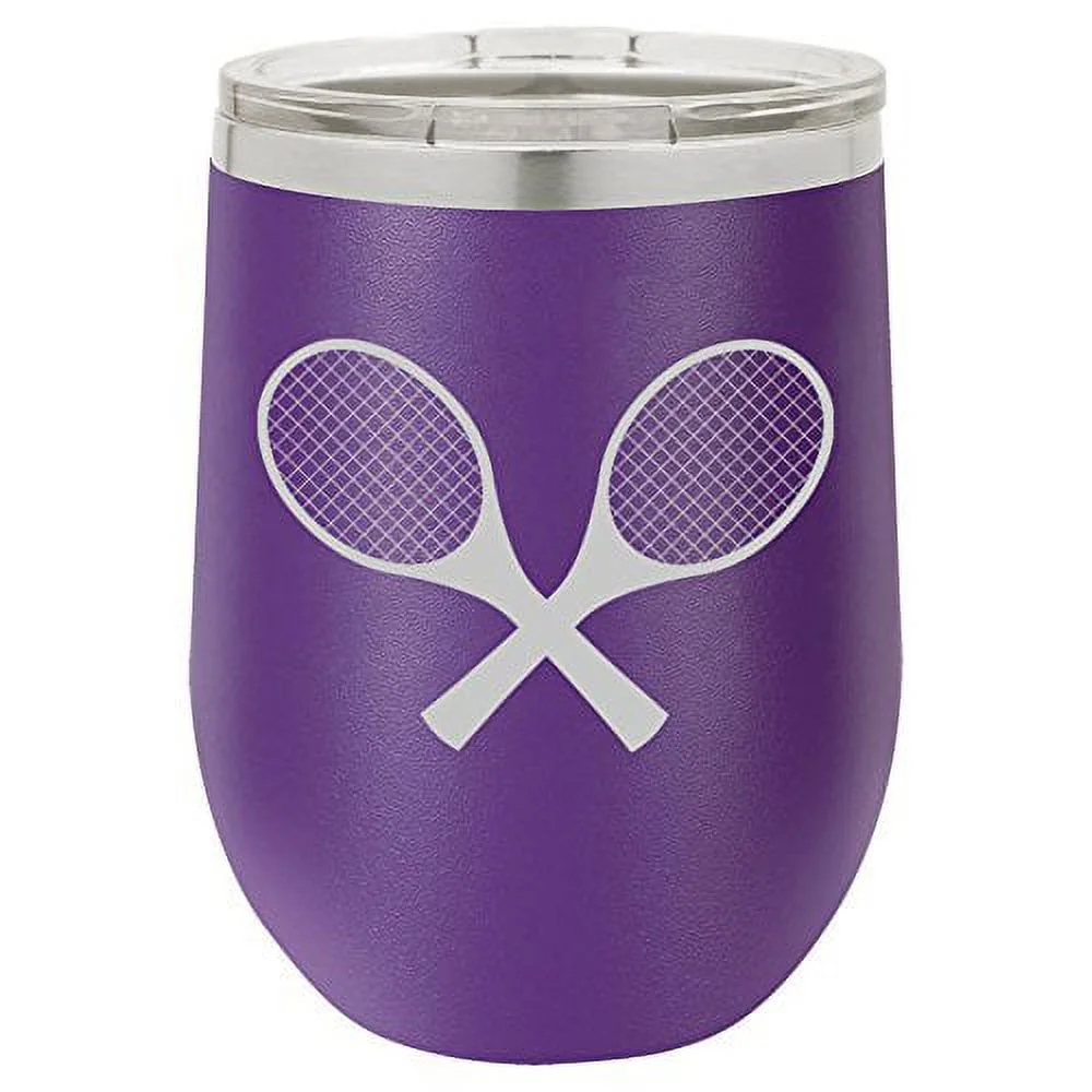 12 oz Double Wall Vacuum Insulated Stainless Steel Stemless Wine Tumbler Glass Coffee Travel Mug With Lid Tennis Racquets (Purple)