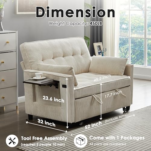 Sleeper Sofa Bed, 52‘’ Convertible Pull Out Couch with Small Table| USB Port | Side Pockets | Corduroy Fabric | Adjustable Backrest for Apartment, Office, Bedroom, Guest Room (Beige)