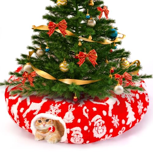 Cat Tunnel Bed Christmas Tree Skirt for Indoor Cats, Maansfy Large Peekaboo Cat Cave Decorative Christmasn Donut Tunnel MultifunctionalTube Playground Toys for Kitten Medium Large Cat (Red)