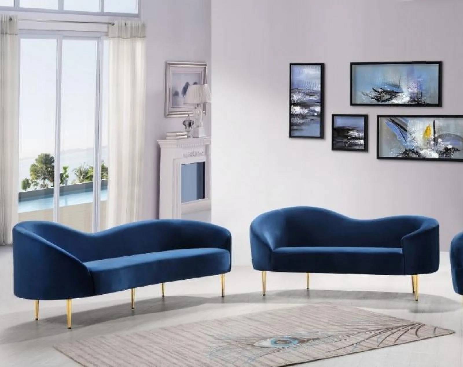 Navy Velvet Contemporary Sofa & Loveseat Set 2Pcs Meridian Furniture Ritz 659