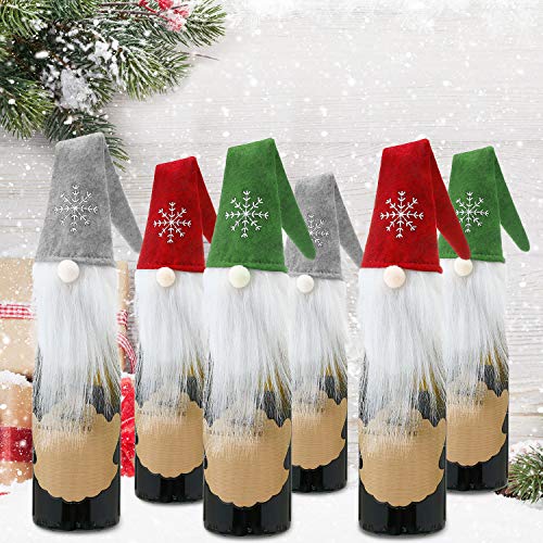 Boao 6 Sets Christmas Gnomes Wine Bottle Cover Hats Handmade Ugly Sweater Knit Wine Bottle Toppers Decorative Dress Santa Reindeer Snowman for Christmas Holiday Gift Party Decorations