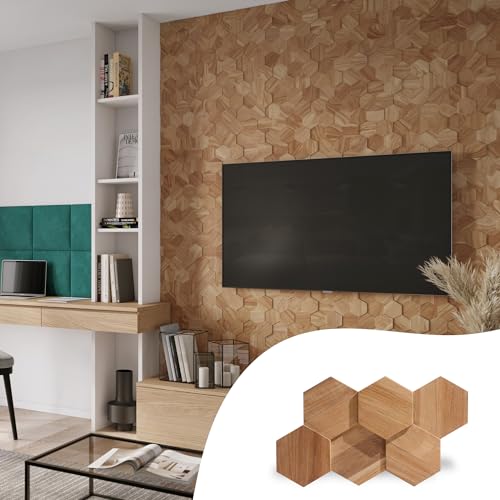 Teak UltraWood Hexagon Wall Panels in Natural - 3D Hexagonal Wall Covering for Feature Walls - Modern Peel-and-Stick Wallpaper Alternative - Easy DIY Installation - 25-Pack