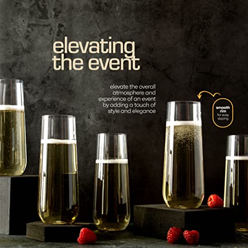 DECADORN Clear Stemless Champagne Flutes Plastic 48 Pack - 9oz Plastic Champagne Glasses - Durable and Sturdy Mimosa Glasses For Parties - Shatterproof, Recyclable, BPA-Free, Smooth Rims.