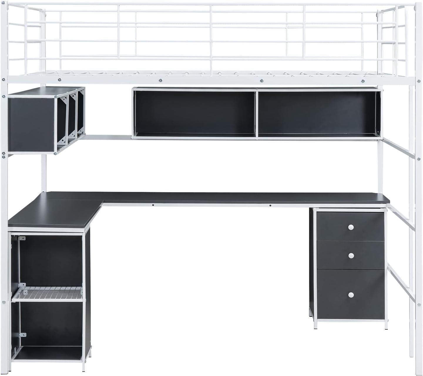 Metal Loft Bed with bookcase, desk and cabinet, Full, White