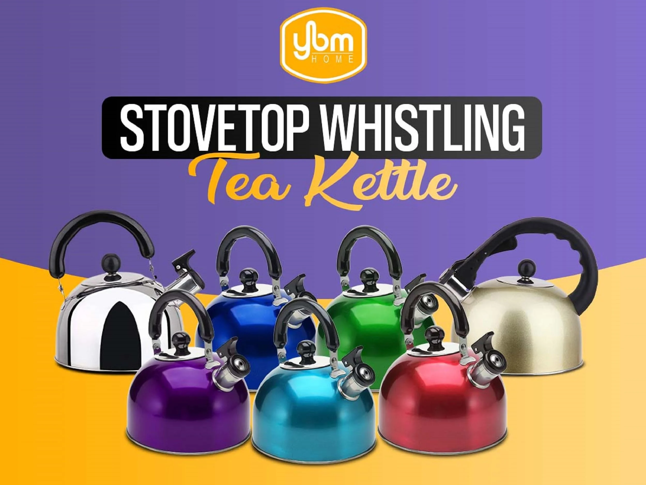 YBM Home Stainless Steel Stovetop Whistling Tea Kettle 3L with Handle, Induction Compatible - Gold