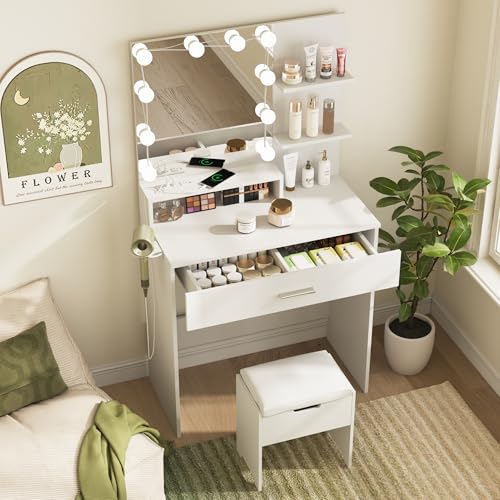 Vabches Small Vanity Desk with Mirror and Lights, Makeup Vanity with Storage Chair & Power Strip,Girl Dressing Table Set with Drawer for Bedroom,3 Lighting Modes,Brightness Adjustable,White