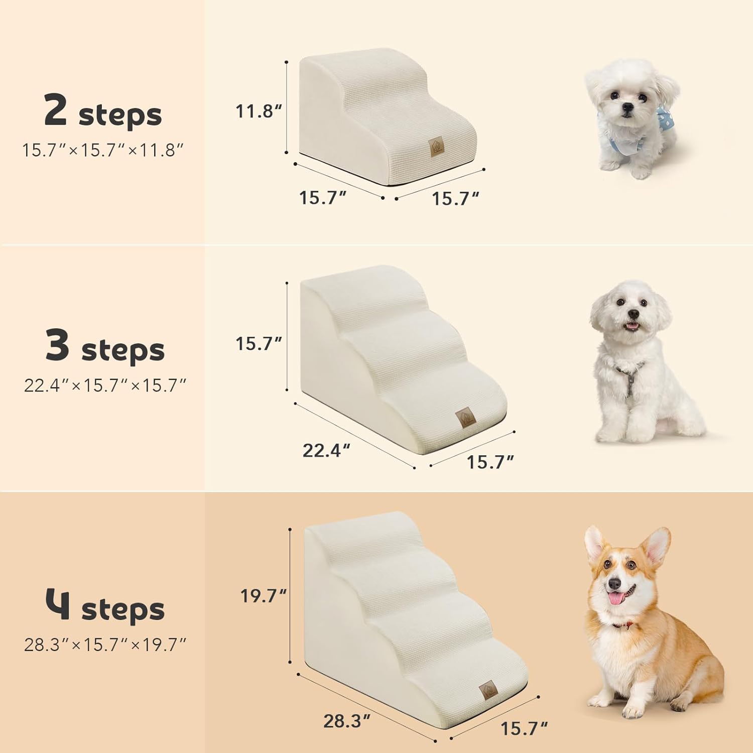 Dog Stairs for High Bed 20''H, Dog Stairs for Small Medium Large Dogs Cats, Foam Pet Stairs Ramp Indoor with Non-Slip Bottom, 4-Tier Dog Steps Hold Up to 60 lbs, Lint Roller, Beige