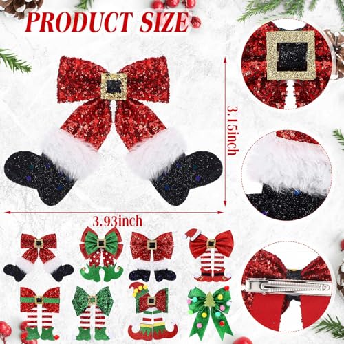 4 Pack Christmas Hair Clips Glitter Sequins Red Bow Hair Clips Glitter Bow Party Cute Decoration Deer Antler Elf Headdress Christmas Decor for Women Gifts