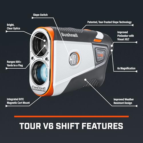 Bushnell Golf Tour V6 Shift Laser Rangefinder with Slope Switch, Visual Jolt Flag Locking, Magnetic Mount, 1300 Yard Range 6X Magnification