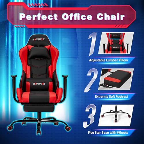 ECOTOUGE PC Massage Gaming Chair with Footrest Ergonomic Office Desk Chair Racing PU Leather Recliner Swivel Rocker with Headrest and Lumbar Pillow, Blue