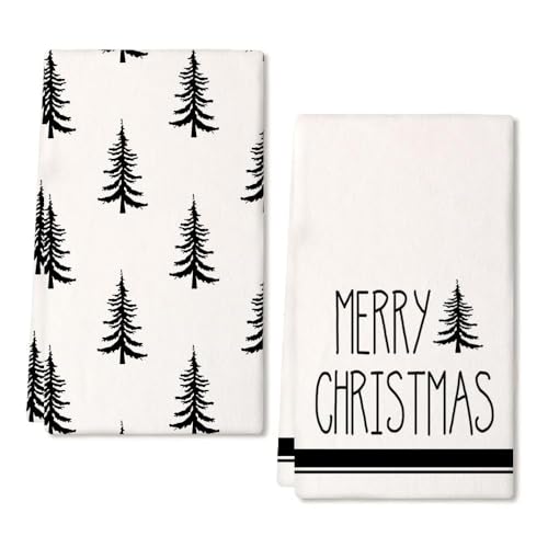 ARKENY Christmas Kitchen Towels Set of 2,Black Xmas Tree Dish Towels 18x26 Inch,Hoilday Farmhouse Home Decoration AD101