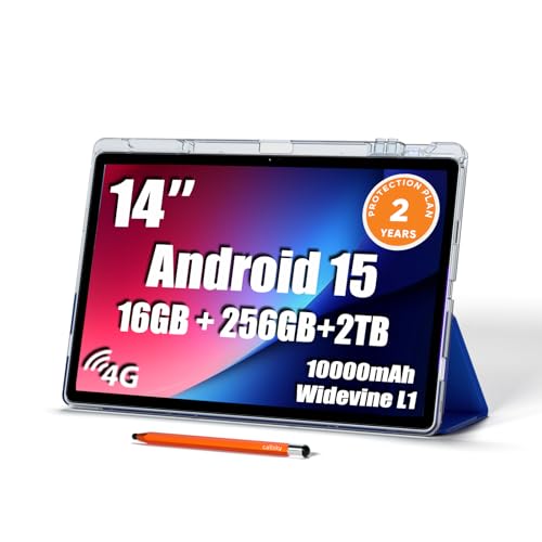 14 inch Large Screen Tablet, Android 15 Tablet 16GB RAM 256GB ROM, 1920*1200 IPS FHD Display, Widevine L1, 10000mAh 18W Charging, Wi-Fi & Bluetooth, 4G LTE, with Stand Case & Stylus, 2-Year Protection